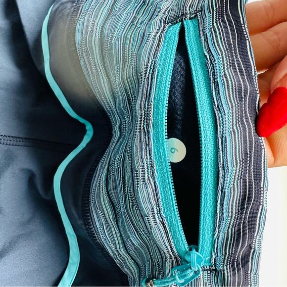 LULULEMON Navy Blue Aqua Contrast Mini Short Shorts Zip Workout Active Gym Run 6 - Picture 12 of 16
